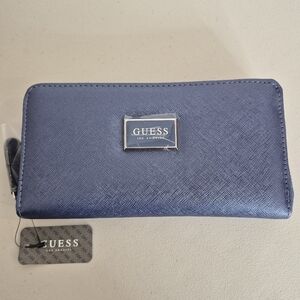 Guess Los Angeles Abree Medium Zip Around Metallic Blue Faux Leather Wallet